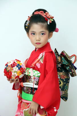 正絹最高級七五三着物レンタル：7歳赤手描き本友禅、四つ身|七五三着物レンタル|大阪、日産呉服・都島店