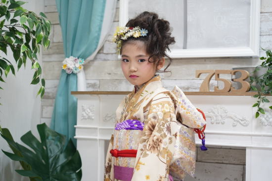 七五三着物レンタル・7歳ベージュ小紋|レンタルキモノ＆写真スタジオ|大阪都島、日産呉服・和田甚