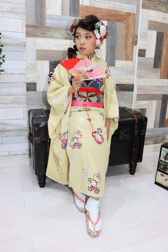 正絹四つ身友禅鶯色【YO1-006】|キモノレンタル|大阪都島、日産呉服・和田甚