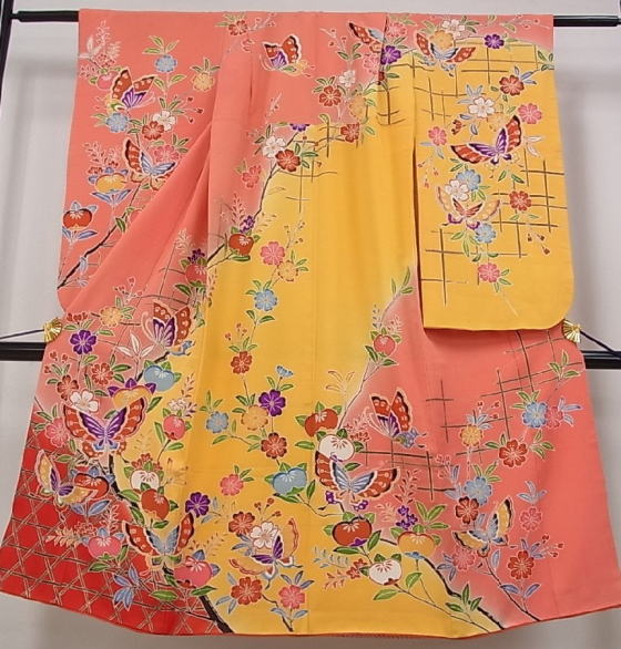 正絹四つ身、ピンク/黄染め分け【Y-2011】|753レンタル|大阪都島、日産呉服・和田甚