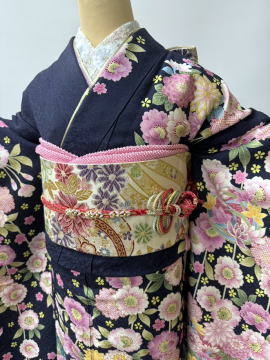 正絹京友禅最新柄振袖・紺地【FUN-2059】|高級振袖レンタル|大阪都島、日産呉服・和田甚