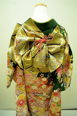 正絹金彩京友禅振袖、グリーン、レンタル大阪
