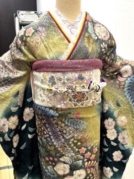 正絹辻が花絞り辻が花振袖グリーン【frn-2030】振袖レンタル・大阪、日産呉服・都島店