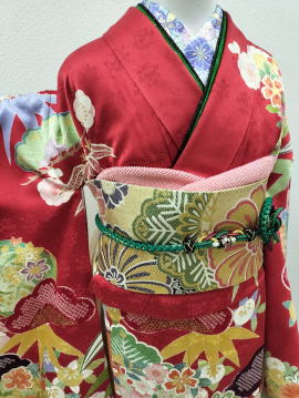 正絹十日町吉澤友禅、赤古典柄振袖【FRO-2022】|キモノレンタル|大阪、日産呉服・都島店