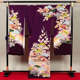 正絹京友禅高級振袖・紫・赤色桜紋八掛付【FＲＮ-2036】||キモノレンタル大阪、日産呉服・都島店