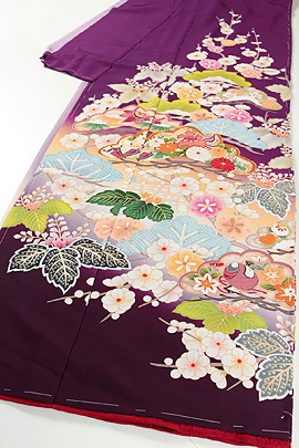 正絹京友禅高級振袖・紫・赤色桜紋八掛付【FＲＮ-2036】||キモノレンタル大阪、日産呉服・都島店