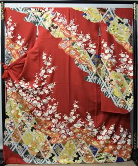 本格派、手描き京友禅振袖・臙脂【FUN-1020】振袖レンタル・大阪