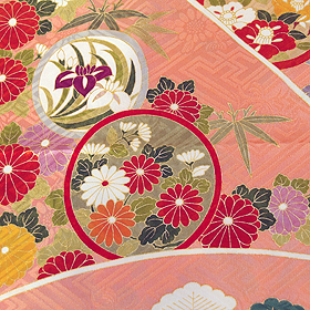 正絹地紋入りピンク地糸目手描き京友禅、レンタル大阪