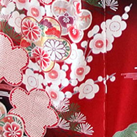 正絹絞り入り手描き京友禅赤と黒の振袖、レンタル大阪