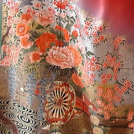 正絹色留振袖京友禅振袖、赤、レンタル大阪