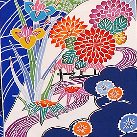 正絹縮緬地紅型友禅青地振袖、レンタル大阪