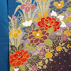 正絹五枚繻子、ブルー牡丹・蝶文様振袖、レンタル大阪