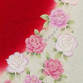 正絹バラちらし、赤・オフホワイト染め分け友禅振袖、レンタル大阪