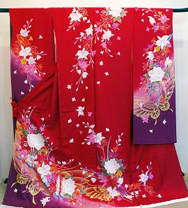 正絹金ラメ地の花・蝶文様、赤と紫の染め分け振袖|fo107|振袖レンタル|大阪・日産呉服