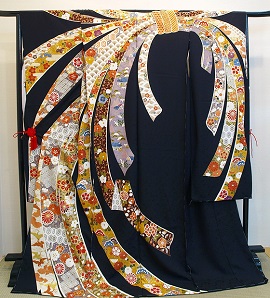 正絹本格派糸目手描き京友禅金彩加工の黒地熨斗目柄振袖|fr136|レンタル大阪