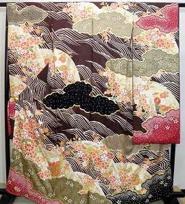 十日町、青柳謹製・正絹本格派糸目手描き京友禅、茶色地振袖|fo121|振袖レンタル|大阪・日産呉服