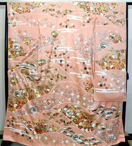 正絹地紋入りピンク地糸目手描き京友禅振袖|fo120|レンタル大阪