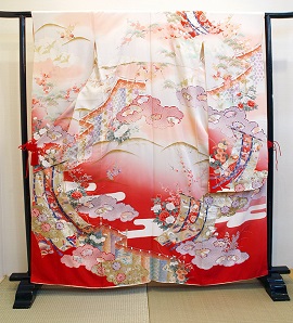 振り柄付きの正絹金彩手描き友禅赤と薄ピンクの振袖|fr114|振袖レンタル|大阪・日産呉服