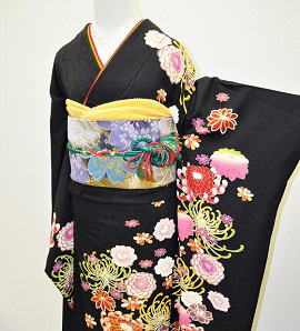 組曲の黒地正絹手描き友禅振袖【fr-128】|振袖レンタル|大阪都島、日産呉服・和田甚