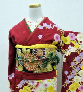 正絹地紋入り桜流れ文様京友禅の赤地振袖|fr106|振袖レンタル|大阪・日産呉服