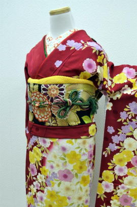 正絹地紋入り桜流れ文様京友禅の赤地振袖|fr106|振袖レンタル|大阪・日産呉服