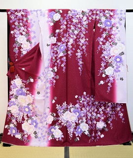 正絹京友禅えんじ色振袖|fun1007|振袖レンタル|大阪・日産呉服