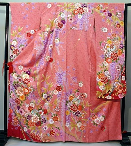 正絹京友禅地紋花づくし文様ピンク色の振袖|fr129|振袖レンタル|大阪・日産呉服