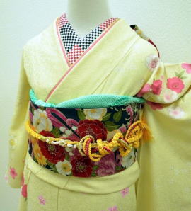 正絹高級振袖、黄色・ピンク花柄【FUN-2043】|ふりそでレンタル|大阪都島、日産呉服・和田甚