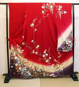 正絹五枚繻子道長柄で赤と黄と紫の染め分け振袖【fr125】振袖レンタル|大阪・日産呉服