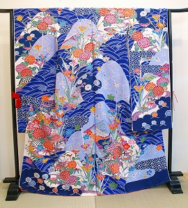 正絹縮緬地紅型友禅の青地振袖|fr126|振袖レンタル|大阪・日産呉服