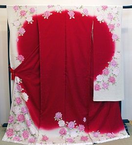 正絹バラちらしの赤・オフホワイト染め分け友禅振袖|fo105|振袖レンタル|大阪・日産呉服