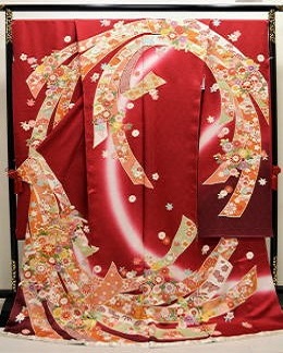 正絹十日町吉澤友禅、赤地熨斗目柄振袖|fun-1013|振袖レンタル|大阪・日産呉服