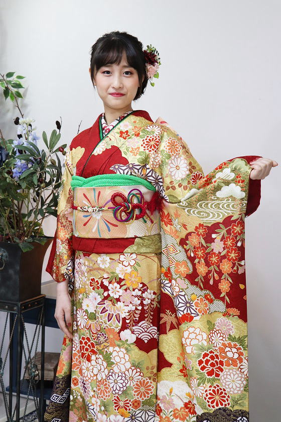 正絹京友禅・赤総柄振袖【FRN-2035】|振袖レンタル|大阪・日産呉服・地下鉄都島店