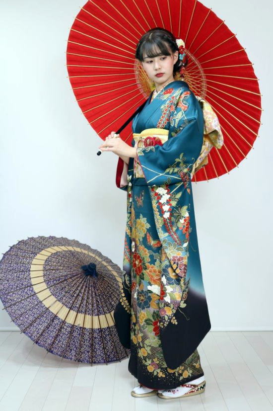 正絹高級振袖レンタル【FR-108】：丹後縮緬京友禅・ブルー蝶柄柄振袖|振袖レンタル|大阪都島・日産呉服