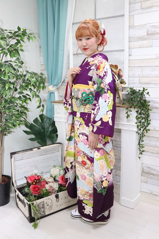 正絹京友禅高級振袖・紫・赤色桜紋八掛付【FＲＮ-2036】|キモノレンタル|大阪、日産呉服・都島店