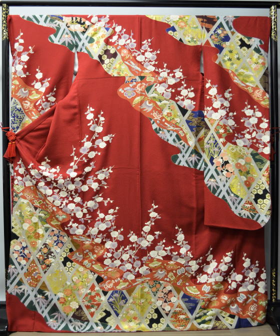 本格派、手描き京友禅振袖・臙脂【fun-1020】振袖レンタル|大阪、日産呉服・都島店