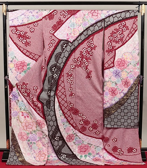 正絹最高級総絞り振袖レンタル：臙脂熨斗目柄振袖|fun-1015|振袖レンタル|大阪・日産呉服