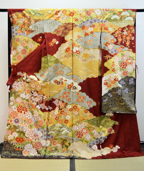 正絹金彩京友禅振袖、赤、レンタル大阪