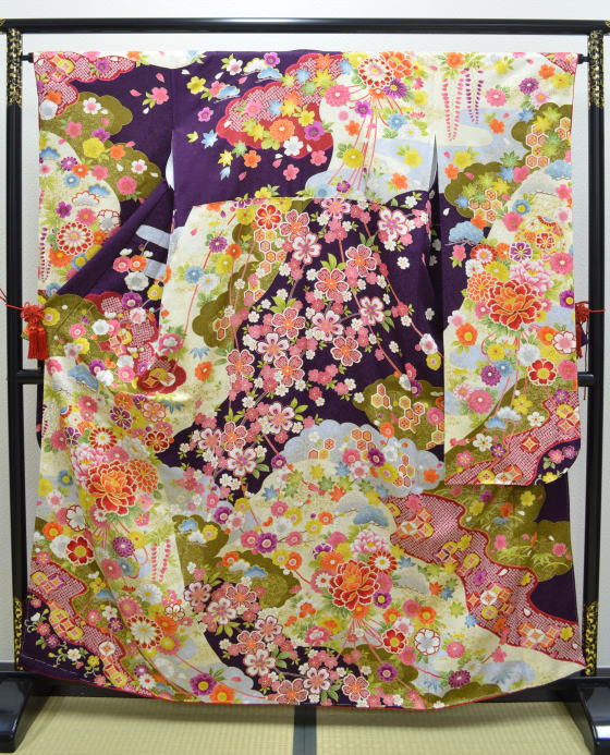 正絹京友禅振袖、紫、レンタル大阪