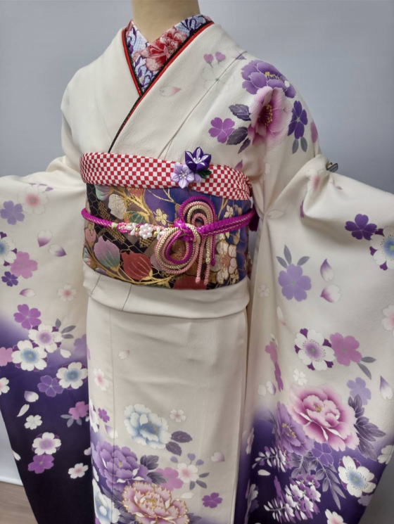 正絹手描き京友禅・白/紫染め分け振袖【FR-211】|振袖レンタル|大阪・日産呉服・地下鉄都島店