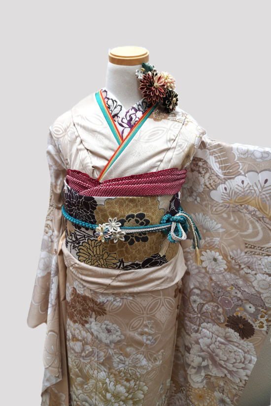 正絹京友禅最新柄振袖・くすみ色【FUN-2045】|高級振袖販売・レンタル|大阪都島、日産呉服・和田甚