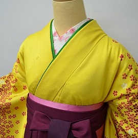 黄地、赤小花小袖|H-015|袴レンタル|大阪。地下鉄都島駅徒歩1分