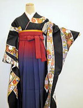 卒業式、袴レンタル大阪：正絹黒地手描き振袖：FH-101