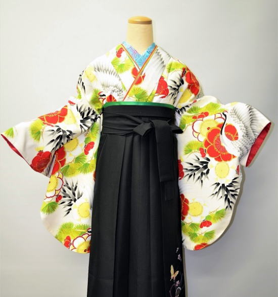 卒業式、袴レンタル大阪・白地鶴柄小袖：1002