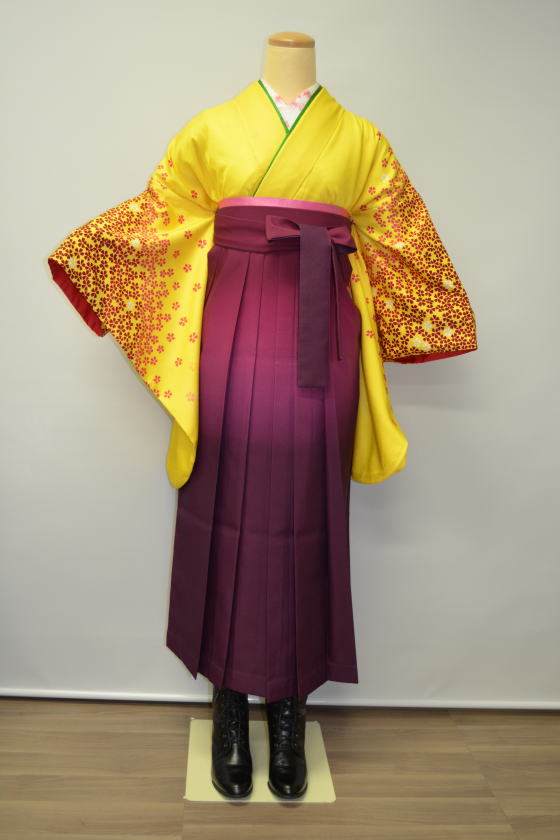 黄地、赤小花小袖|H-015|袴レンタル|大阪。地下鉄都島駅徒歩1分