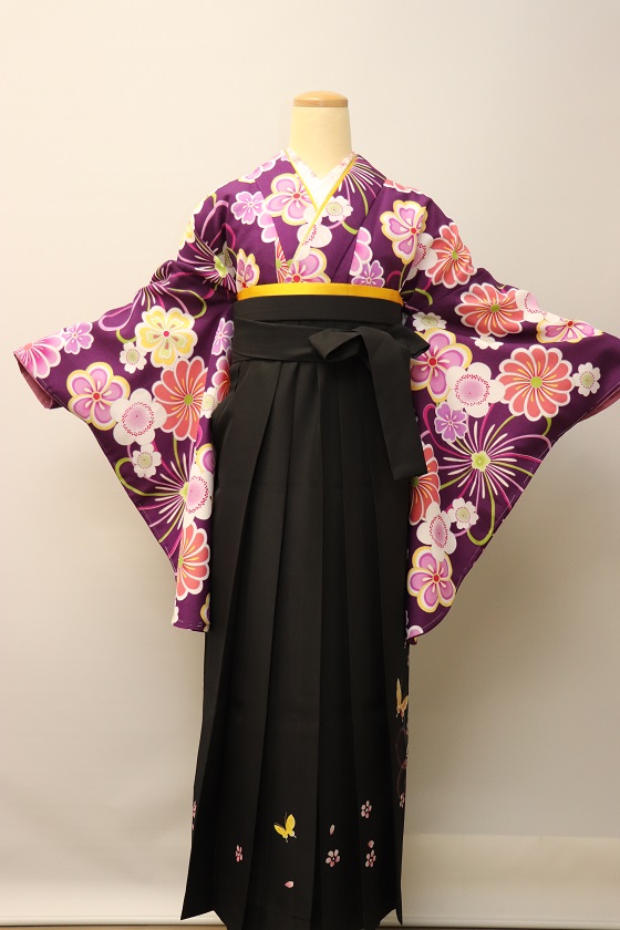 紫・ピンク花小袖＋袴レンタル|H-020|大阪。地下鉄都島駅徒歩1分