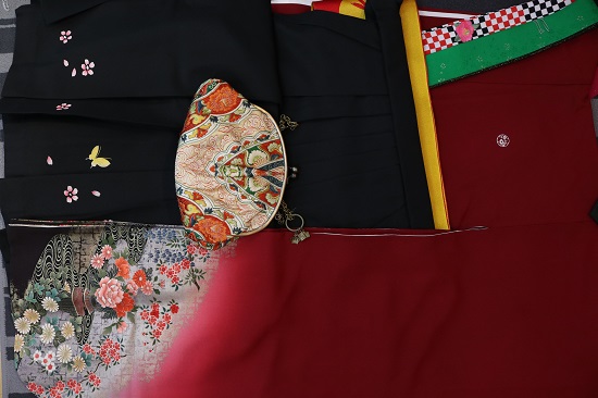 正絹色留振袖＋黒地柄入袴＋レトロバックに赤黒の刺繍衿、濃緑の伊達襟をコーディネート。貴方の夢を叶えます:red-hurisode_F021