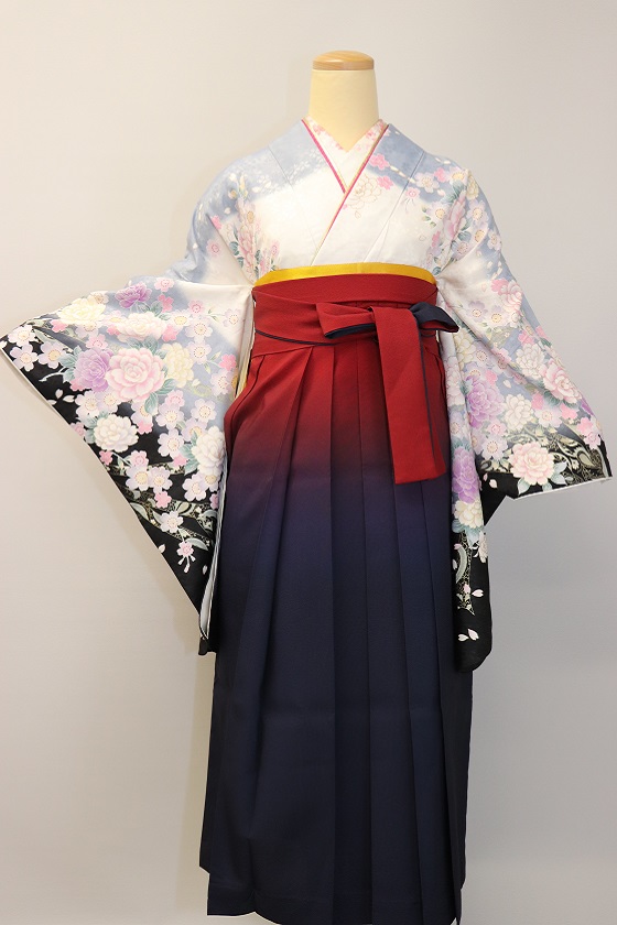 白＆黒地、紫花柄小袖：H-009＋袴レンタル|大阪。地下鉄都島駅徒歩1分