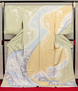 染め分け黄・緑・青京友禅：H-045|訪問着レンタル|大阪都島日産呉服・和田甚