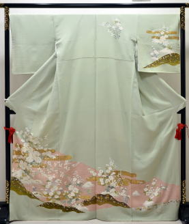 正絹手描き琳派訪問着グリーン:h-028.レンタル大阪